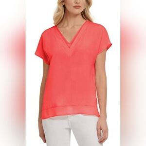 NEW DKNY Coral Pink V-Neck Lightweight Sheer Chiffon Blouse Size S Relaxed Flowy